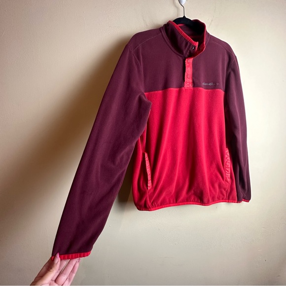 Eddie Bauer Mens Quarter Snap Button Red Fleece Pullover Logo Spell Out Medium - Picture 5 of 15